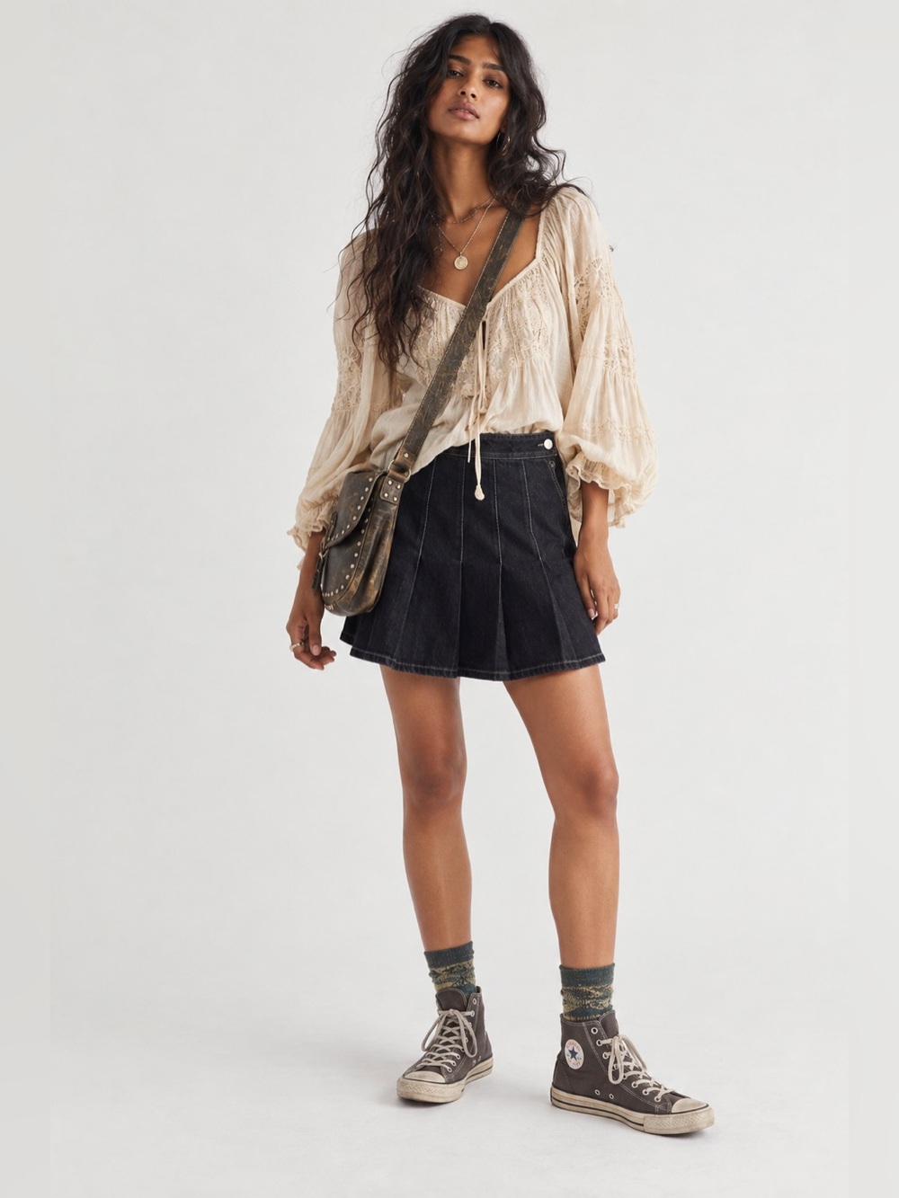 We the Free Black Pleated Denim Mini Skirt Size 25 New